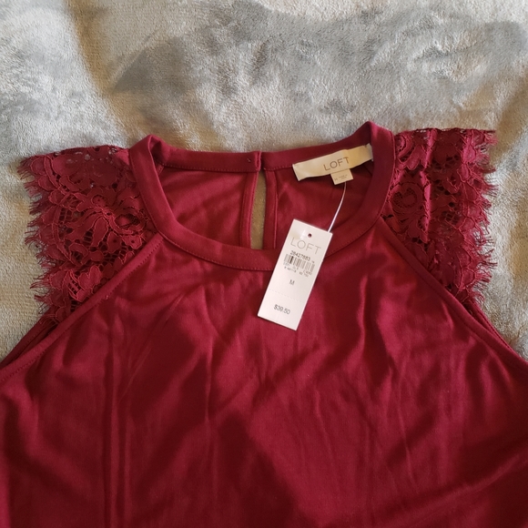 LOFT Tops - LOFT maroon mock neck lace flutter sleeve top Med.